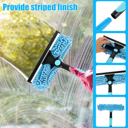 Squeegee for Window Cleaning Scrubber and Rotating Head Squeegee Window Cleaner Tool Window Washing Kit with Long Handle Window Cleaning Kit for Shower Glass Mirror Car (Blue)