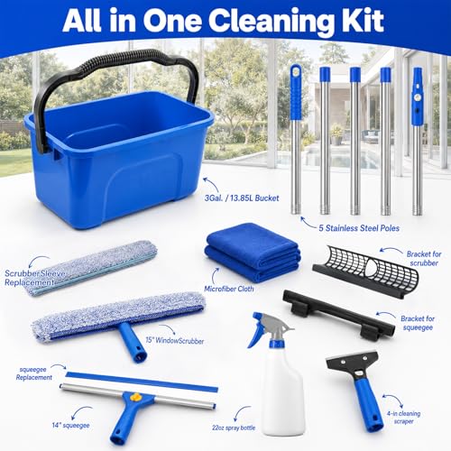 Window Cleaning Kit with Extension Pole,Professional Window Washing Kit with Bucket, 79" Window Squeegee with Microfiber Scrubber Scraper,Window Cleaner Tool for Commercial, Home,Outdoor