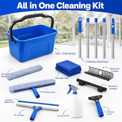 Window Cleaning Kit with Extension Pole,Professional Window Washing Kit with Bucket, 79" Window Squeegee with Microfiber Scrubber Scraper,Window Cleaner Tool for Commercial, Home,Outdoor