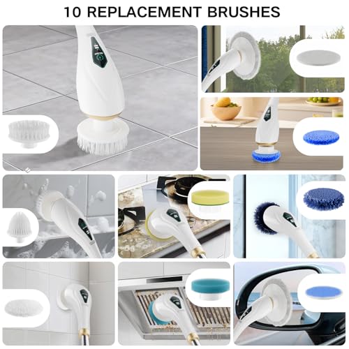 Electric Spin Scrubber Cordless Shower Cleaning Brush with 10 Replaceable Brush Heads, Extendable Handle Up to 59", 2 Speed, Waterproof, 2H Cleaning Time for Bathroom Shower Tile Glass Car