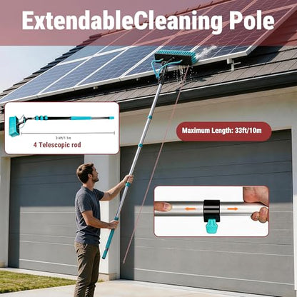 HOLDWELL 33FT Extra-Long Water Fed Pole Cleaning Kit, Professional High-Reach Window Brush with 180° Rotatable Head, Soap Dispenser & Dual Jets, 65.6FT Hose - size: 33FT
