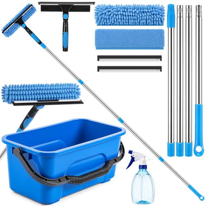Window Cleaning Kit with Bucket 71" Long Handle 4-in-1 Rotatable Window Squeegee and Microfiber Scrubber Pads High Windows Washing Tool for Commercial Home Outdoor Car