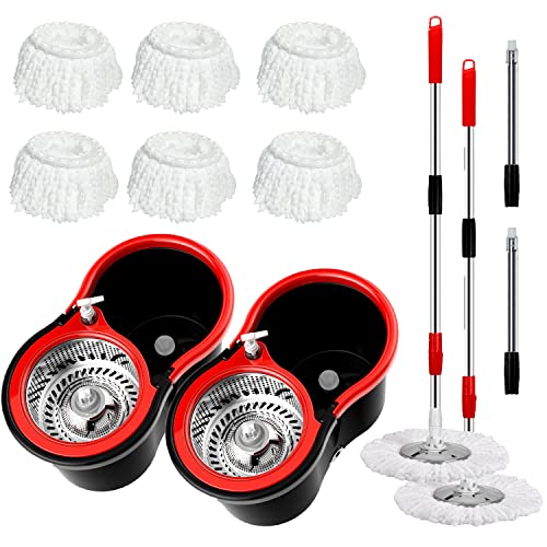 Mop and Bucket with Wringer Set 360° 3psc Microfiber Spin Mop with Bucket and Dual Mop Heads Self Wringing Spinning Mop (20QT) (2) (RED) - color: Red