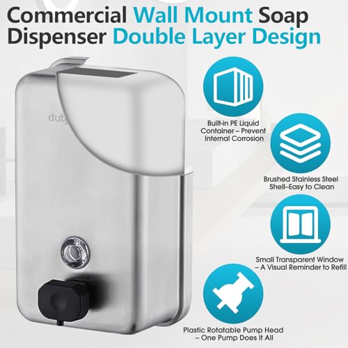 Commercial Soap Dispenser Wall Mount, 1100ML Stainless Steel Wall Mount Soap Dispenser, Leak-Proof Manual Pump for Bathroom Kitchen Office, Silver - size: 37.19 fl.oz./ 1100ml