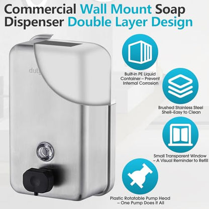 Commercial Soap Dispenser Wall Mount, 1100ML Stainless Steel Wall Mount Soap Dispenser, Leak-Proof Manual Pump for Bathroom Kitchen Office, Silver - size: 37.19 fl.oz./ 1100ml