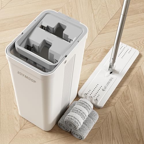 JOYMOOP Mop and Bucket Set for Home and Commercial Use, Flat Mop System with 3 Reusable Microfiber Pads, Floor and Wall Cleaner - color: White Standard243