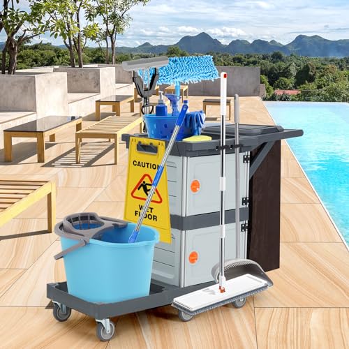 Commercial Janitorial Cart with Cabinet, 3-ply Multi-Purpose Engineered Plastic Housekeeping Cart with 30 Gallon Bag Hand Push Utility Cart, 200 lbs Load Capacity