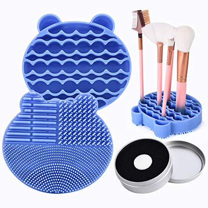 Silicon Makeup Brush Cleaner Mat with Brush Drying manual Make up brush cleaner cleanser machine Cosmetic Brush Cleaning Pad+Makeup Brush Dry Cleaned Quick Color Removal Sponge Scrubber Tool(Blue) - color: Sky Blue