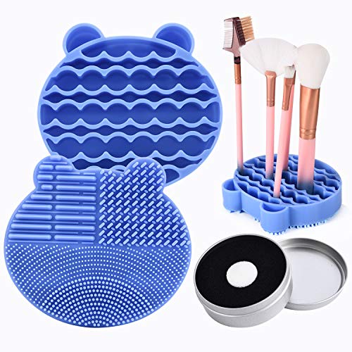 Silicon Makeup Brush Cleaner Mat with Brush Drying manual Make up brush cleaner cleanser machine Cosmetic Brush Cleaning Pad+Makeup Brush Dry Cleaned Quick Color Removal Sponge Scrubber Tool(Blue) - color: Sky Blue
