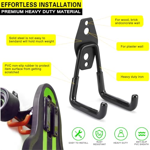 2 Pack Heavy Duty Garage Hooks Storage Organizer Wall Mount Power and Garden Tool Hangers, for Hanging Ladders, Ropes, Hose, Bulk Items - color: Black 2 pack