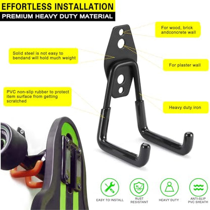 2 Pack Heavy Duty Garage Hooks Storage Organizer Wall Mount Power and Garden Tool Hangers, for Hanging Ladders, Ropes, Hose, Bulk Items - color: Black 2 pack