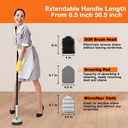 3 in 1 Scrub Cleaning Brush with Long Handle 51'' - Shower Bathtub Tub & Tile Scrubber Brush Include 1 Stiff Brush Head & 3 Scouring Pads & 3 Microfiber Clothes, for Wall Bathroom Glass Bathtub(White) - color: White