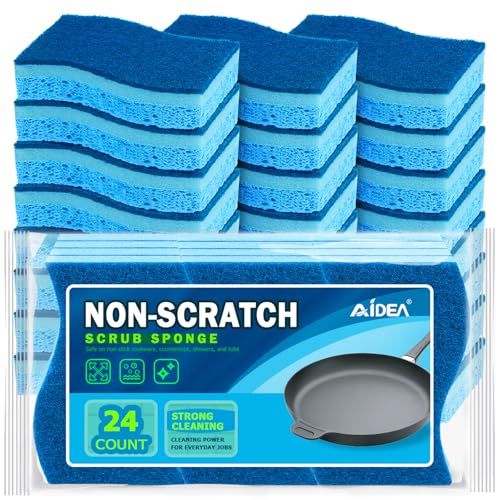 AIDEA Sponges Kitchen, Non-Scratch Scrub Sponge, 24Count, Sponges for Non-Stick Cookware, Kitchen Sponge for Dishes, Cleans Fast Without Scratching, Cleaning Power for Kitchen, Bathroom, Household - color: Light-blue