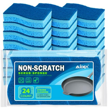 AIDEA Sponges Kitchen, Non-Scratch Scrub Sponge, 24Count, Sponges for Non-Stick Cookware, Kitchen Sponge for Dishes, Cleans Fast Without Scratching, Cleaning Power for Kitchen, Bathroom, Household - color: Light-blue