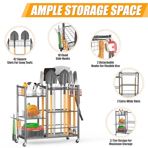 Ultrawall Garden Tool Organizer with Lockable Wheels, Yard Tool Storage Rack for Garage, Garden Tool Stand for Rake, Brooms, Indoor & Outdoor Use - size: Large