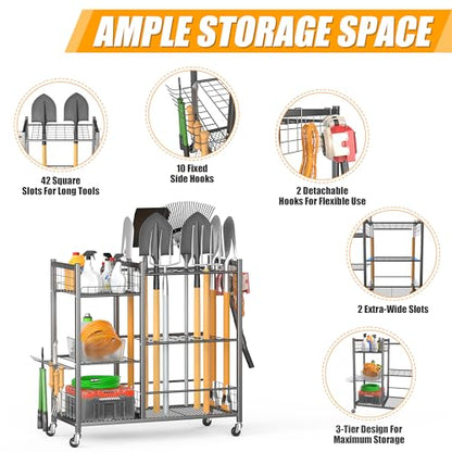 Ultrawall Garden Tool Organizer with Lockable Wheels, Yard Tool Storage Rack for Garage, Garden Tool Stand for Rake, Brooms, Indoor & Outdoor Use - size: Large