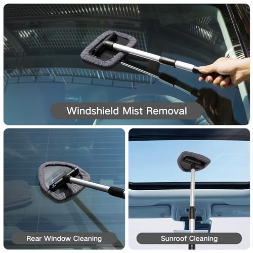 Qydipclin 10pcs Windshield Cleaner Tool, Car Window Cleaning Wash Kit with 4 Reusable Microfiber Pads 1 Spray Bottle and Extendable Handle Auto Glass Wiper Kit, Gray - color: Gray