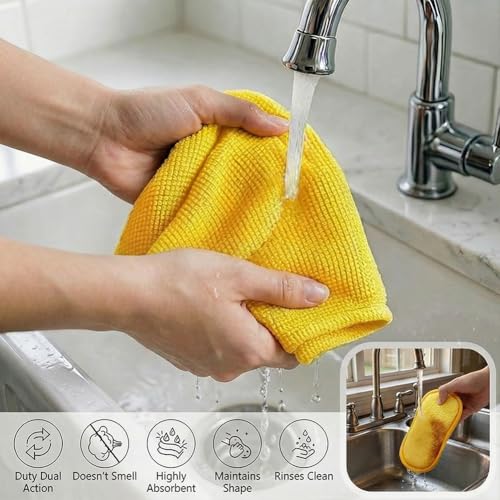 6Pcs Microfiber Cleaning Cloths & Sponges Set - 3Pcs Absorbent Towels + 3Pcs Dual-Sided Scrub Sponges - for Kitchen, Car, Bathroom, Dishes and Hard Surfaces(Yellow) - color: Yellow