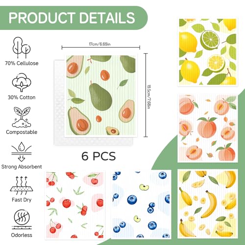 Swedish Dishcloths for Kitchen, 6 Pack, Reusable Paper Towels Washable, Super Absorbent Dish Drying Rags, Fast Dry Non-Scratch Cloths for Washing Dishes, Biodegradable - color: Fruits-6pcs
