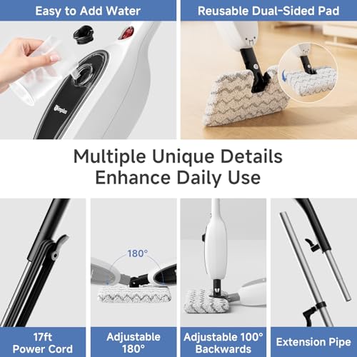 SIMPLUS Steam Mop, 8-in-1 Steam Cleaner, 17S Heat Up, Floor Steamer Double-Sided Flip Design, Suitable for Kitchen, Bathroom, Wood Floor, Tile, Windows, Clothes, Whole Home Cleaning