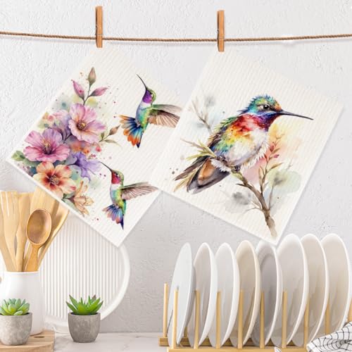 2 Pcs Bird & Floral Swedish Dishcloths for Kitchen, Watercolor Hummingbird Patterned Swedish Dish Cloths Set, Reusable Washable Absorbent Soft Durable Dish Towel for Home Farmhouse Cleaning 1 - color: Sz 1907