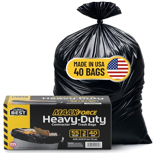 MAAXForce 55 Gallon Contractor Trash Bags | 2 Mil Heavy-Duty Black Garbage Bags | Leak-Proof, Puncture-Resistant | Made in USA | 36" x 56" Large Construction & Yard Cleanup Bags (40-Count) - style: Regular