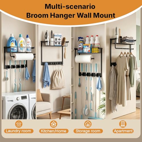 Broom Holder Wall Mount, Broom and Mop Organizer Wall Hanging with Paper Towel Holder & Removable Anti-fall Basket, Wall Mount Cleaning Supplies Organizer for Laundry Room, Apartment, Utility Room