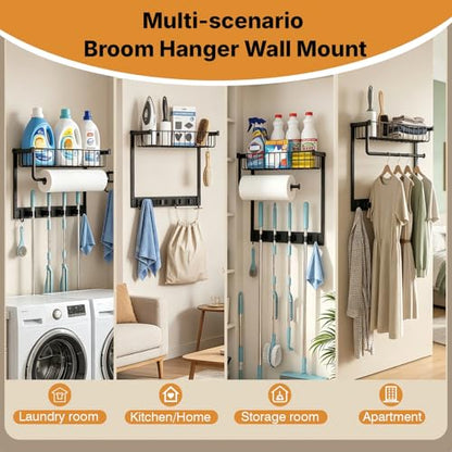 Broom Holder Wall Mount, Broom and Mop Organizer Wall Hanging with Paper Towel Holder & Removable Anti-fall Basket, Wall Mount Cleaning Supplies Organizer for Laundry Room, Apartment, Utility Room