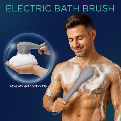 VOYOR Electric Body Brush Back Scrubber Silicone Body Scrubber Two-Way Rotating Brush Head for Deep Cleaning, Exfoliation, 4 Attachments Long Handle IPX6 Rechargeable Shower Brush BC300 (Grey) - color: Grey