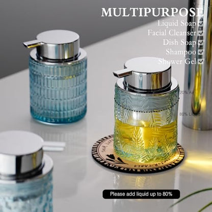 CICUFY Glass Foam Soap Dispenser for Kitchen & Bathroom - Refillable Liquid Soap Dispenser with Large Silver Pump (Leaf Pattern-Blue) - color: Blue, style: Foam/Leaf Pattern