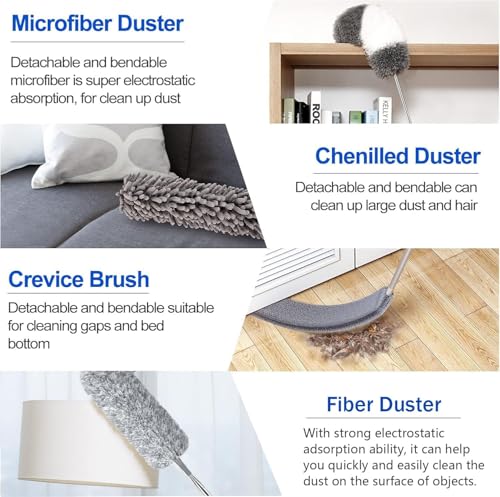 Dusters for Cleaning - 9Pcs Feather Duster Extendable Pole Up to 100'', Microfibre Feather Duster Bendable Washable Long Duster for Cleaning Ceiling Chandelier High Ceiling Furniture - color: 9pcs