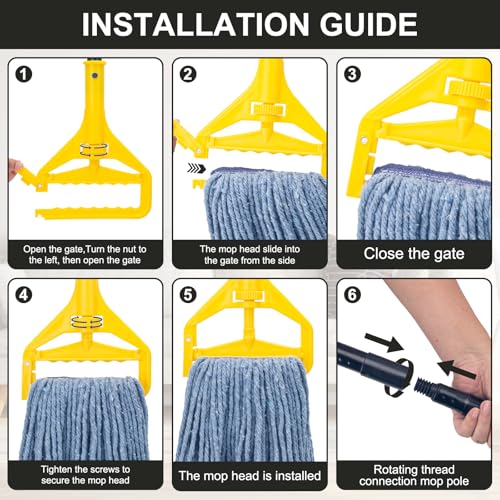 Commercial Industrial Mop with 3 Extra Large Reusable Replacement Head,59" Long Handle Heavy Duty Wet Mops,Looped-End String Cotton Mop for Floor Cleaning,House,Kitchen,Office,Garage,Tile(Yellow) - size: Yellow Handle + 3 Mop Head