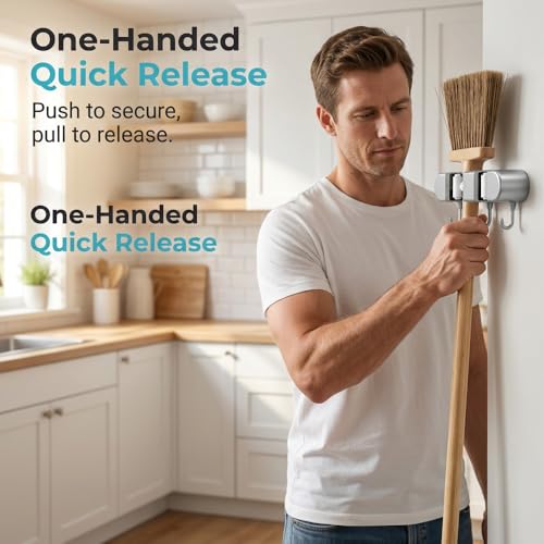 Wall Mounted Mop and Broom Holder, 4 Racks with 5 Hooks, Vacuum Suction Cup Design, Rust-Proof ABS Organizer for Kitchen Bathroom Garage Laundry Room (Grey)