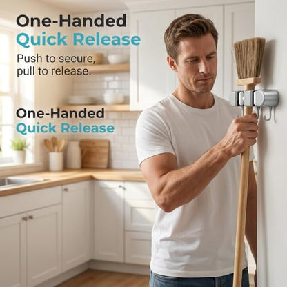 Wall Mounted Mop and Broom Holder, 4 Racks with 5 Hooks, Vacuum Suction Cup Design, Rust-Proof ABS Organizer for Kitchen Bathroom Garage Laundry Room (Grey)