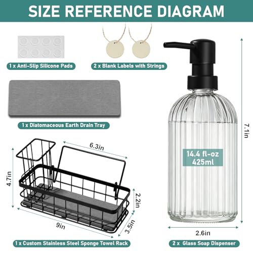 Hand and Dish Soap Dispenser Set, 14.4 oz/425 ml Dish Soap Dispenser, Dish Soap Dispenser with Sponge Holder & Diatomite Tray, for Countertop Organizer - color: Clear