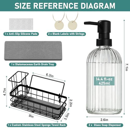 Hand and Dish Soap Dispenser Set, 14.4 oz/425 ml Dish Soap Dispenser, Dish Soap Dispenser with Sponge Holder & Diatomite Tray, for Countertop Organizer - color: Clear