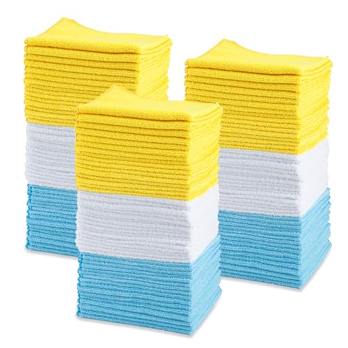 Amazon Basics Microfiber Cleaning Cloths for Cars, Non-Abrasive, Highly Absorbent, Lint and Scratch-Free, Reusable and Washable, Car Detailing Towels, 16" x 12", Blue/White/Yellow, 144-Pack - color: Blue/White/Yellow, size: 144-Pack