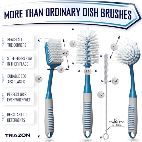 Dish Brush Set of 4 - Kitchen Scrub Brushes with Non-Slip Long Handle for Cleaning, Scrubber, Dishwashing, Dishes, Bottles, Straws, Cups, Pots & Sink, Blue - color: Blue, Set of 4