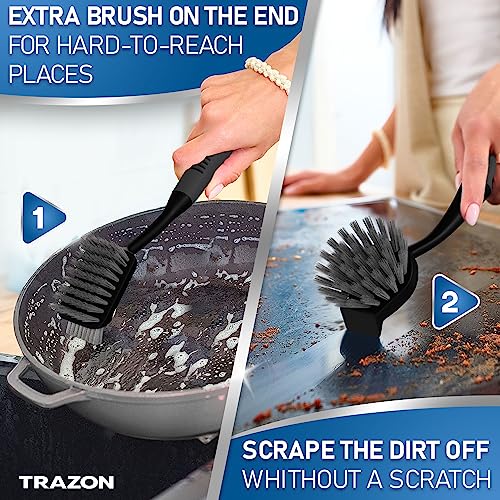 Dish Brush Set of 5 with Holder - Kitchen Scrub Brushes with Non-Slip Long Handle for Cleaning, Scrubber, Dishwashing, Dishes, Bottles, Straws, Cups, Pots & Sink, Black - color: Black, Set of 5 With Holder