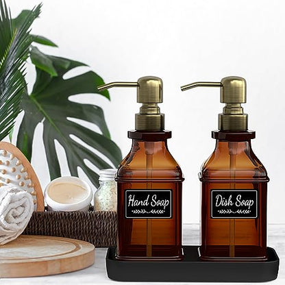 LMQML Soap Dispenser - 2 Pack, Antique Design Thick Amber Glass Hand Soap Dispensers with Sturdy Tray; 304 Rust Proof Stainless Steel Black Pump, 12Pcs Stickers, for Kitchen, Bathroom - Brushed Gold - color: Brushed Gold