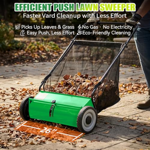 PPOLB 26" Push Lawn Sweeper, 7 cu.ft Large Capacity Yard Sweeper Push, 5:1 High-Density 4 Brushes, Adjustable Height, Heavy Duty Leaf Collector with Detachable Hopper, Rubber Wheels, Ergonomic Handle - color: Green