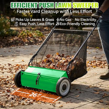 PPOLB 26" Push Lawn Sweeper, 7 cu.ft Large Capacity Yard Sweeper Push, 5:1 High-Density 4 Brushes, Adjustable Height, Heavy Duty Leaf Collector with Detachable Hopper, Rubber Wheels, Ergonomic Handle - color: Green