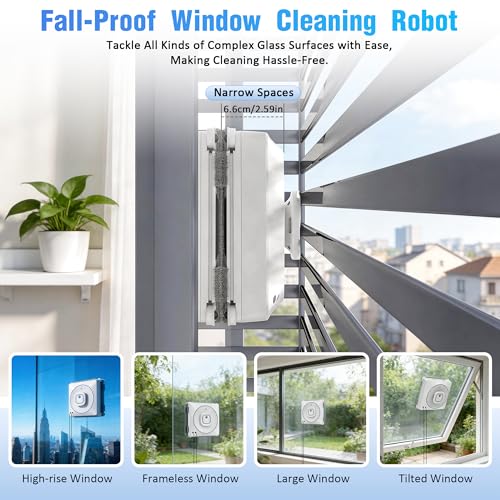 Window Cleaner Robot with 4 Cleaning Modes, 8000Pa Suction Dual Direction Auto-Spray Window Cleaner, Intelligent Path, Edge Detection, Remote Control, 15-Stage Anti-Fall System for Windows