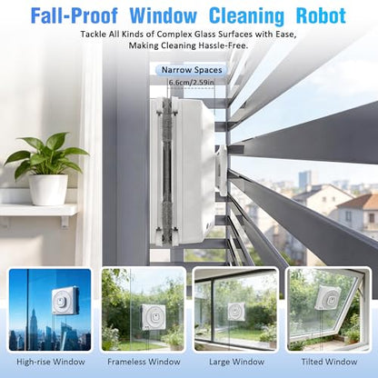 Window Cleaner Robot with 4 Cleaning Modes, 8000Pa Suction Dual Direction Auto-Spray Window Cleaner, Intelligent Path, Edge Detection, Remote Control, 15-Stage Anti-Fall System for Windows