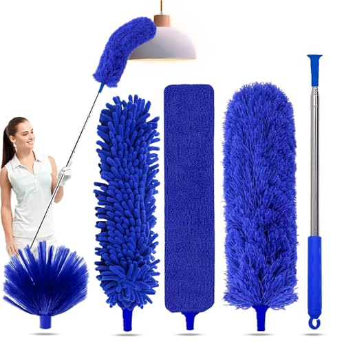 5-in-1 Kit Dusters for Cleaning, Duster with Extension Pole, Extendable Duster with 100 Inches, Microfiber Dusters, Webster Cobweb Duster for Cleaning Ceiling Fans, Furniture, Blinds - Blue - color: Blue