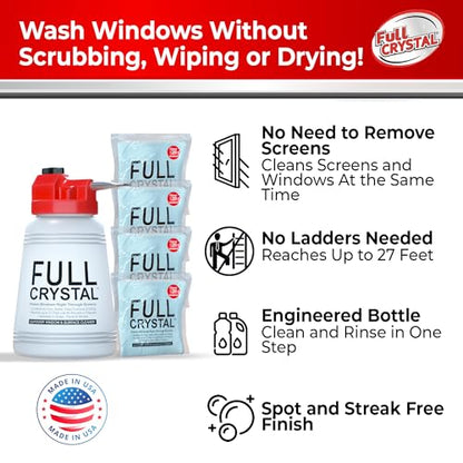 Full Crystal Window Cleaning Kit – 16 oz Glass Cleaner and Bottle with 27 ft Reach, Each 4 oz Bag Makes Up to 640 fl oz, Cleans Up to 80 Windows, Scrub-Free, Rinse-Free - style: 4 Ounce (Pack of 4)