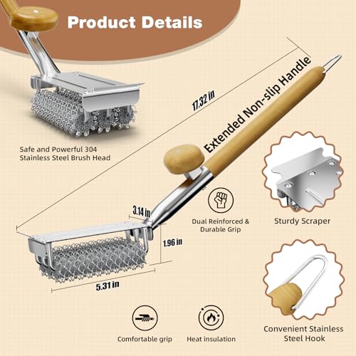 HOUSE AGAIN Grill Brush and Scraper Bristle Free with Dual Grip, 304 Stainless Steel Food-Grade Brush Head, Outdoor Grill Cleaning Brush Safe BBQ Grill Accessories Cleaner for Porcelain/Weber/Charcoal - style: Natural Wood + Dual Grip