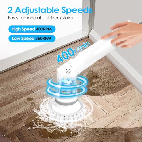 TeqHome Electric Spin Scrubber, Cordless Power Shower Cleaning Brush with 6 Replaceable Brush Heads, 2 Adjustable Speeds,Adjustable & Detachable Extension Long Handle for Bathroom Floor Tile Tub Basin