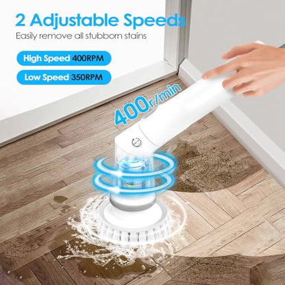 TeqHome Electric Spin Scrubber, Cordless Power Shower Cleaning Brush with 6 Replaceable Brush Heads, 2 Adjustable Speeds,Adjustable & Detachable Extension Long Handle for Bathroom Floor Tile Tub Basin