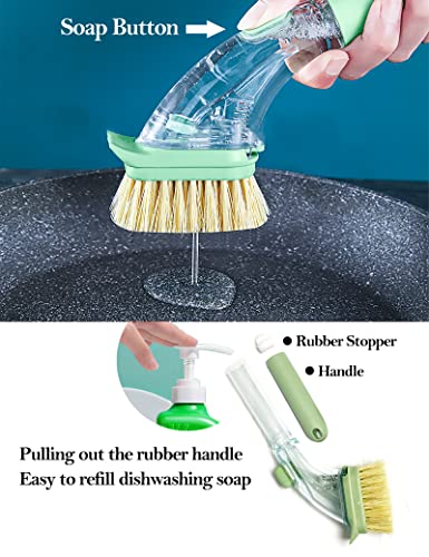 DAJOOEE Dish Brush with Soap Dispenser, Green, Nylon Bristles, Iron and Silicone Handle, 3 Replacement Heads, Kitchen Cleaning Brush